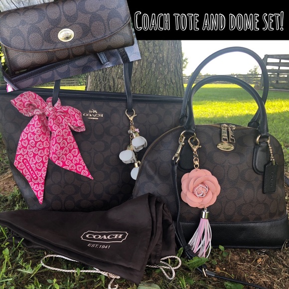 Coach Handbags - Coach Signature Black Brown Purse Cora Wallet Set